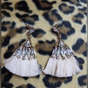 Elegant Gold and Cream  Finge Tassel Earrings With Shinny Studs